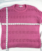 100% Cotton Reitmans  Pointelle Sweater in bubblegum pink at Blue Sparrow Shop - Canadian Resale Reimagined measuring 40" bust and 21" shoulder to hem 