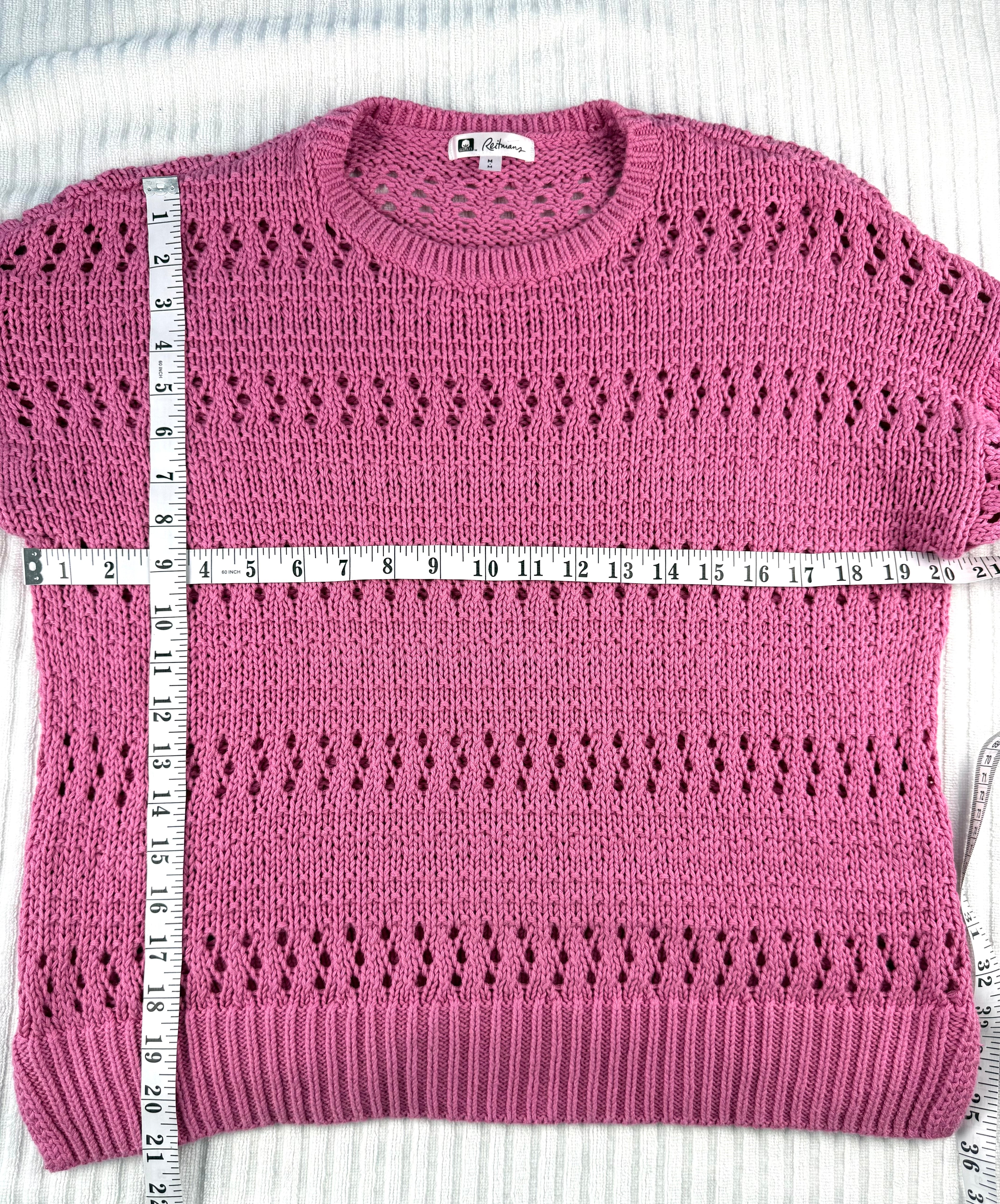 100% Cotton Reitmans  Pointelle Sweater in bubblegum pink at Blue Sparrow Shop - Canadian Resale Reimagined measuring 40" bust and 21" shoulder to hem 