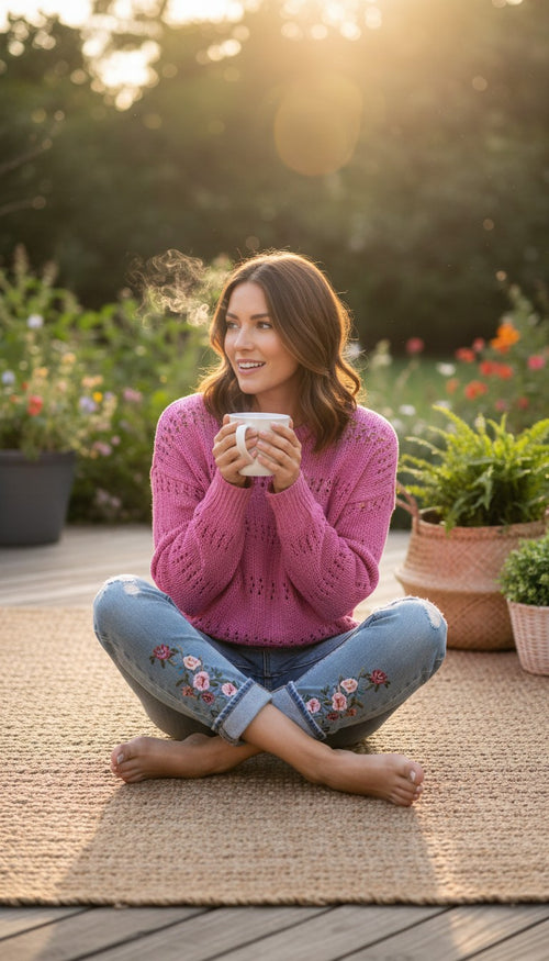 100% Cotton Reitmans  Pointelle Sweater in bubblegum pink at Blue Sparrow Shop - Canadian Resale Reimagined on woman outside drinking coffee