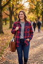 100% Cotton TNA Button Front Shirt | Size L on woman walking in the park in fall 