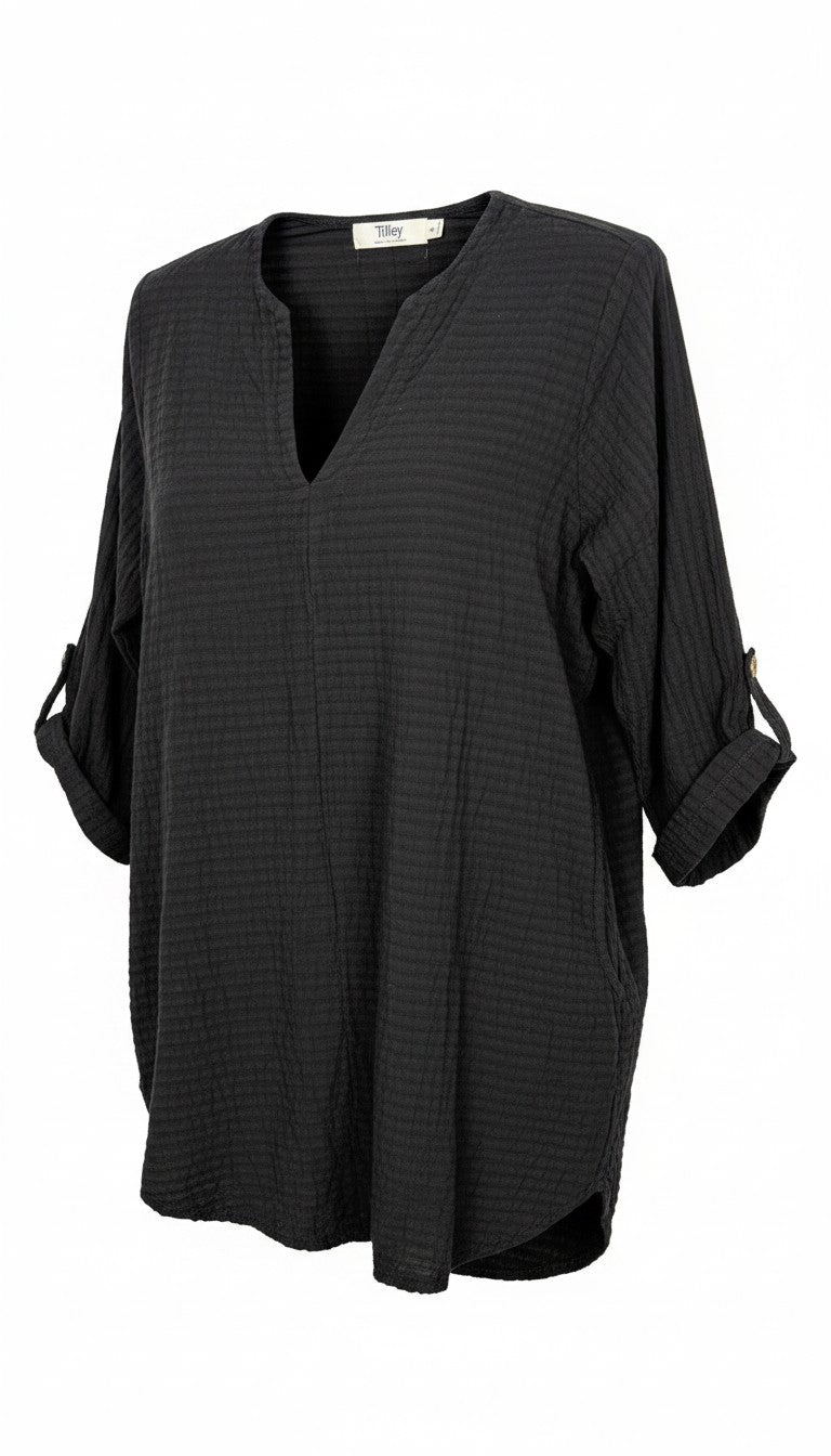 100% Cotton Tilley — Made in Canada Black Gauze V-Neck Tunic, Size S/P at Blue Sparrow Shop 