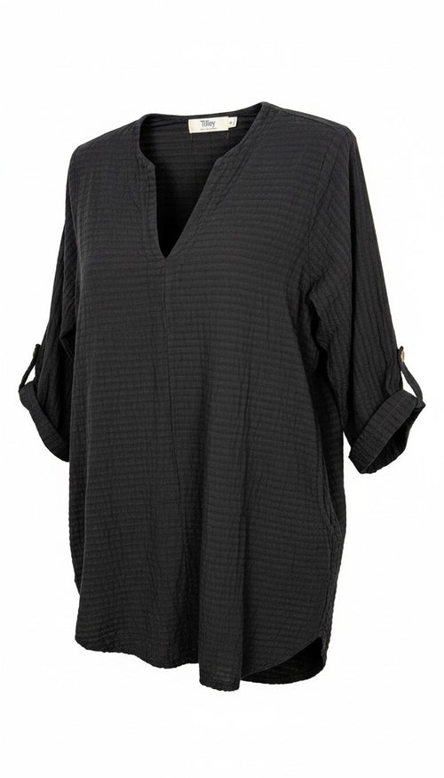 100% Cotton Tilley — Made in Canada Black Gauze V-Neck Tunic, Size S/P at Blue Sparrow Shop 