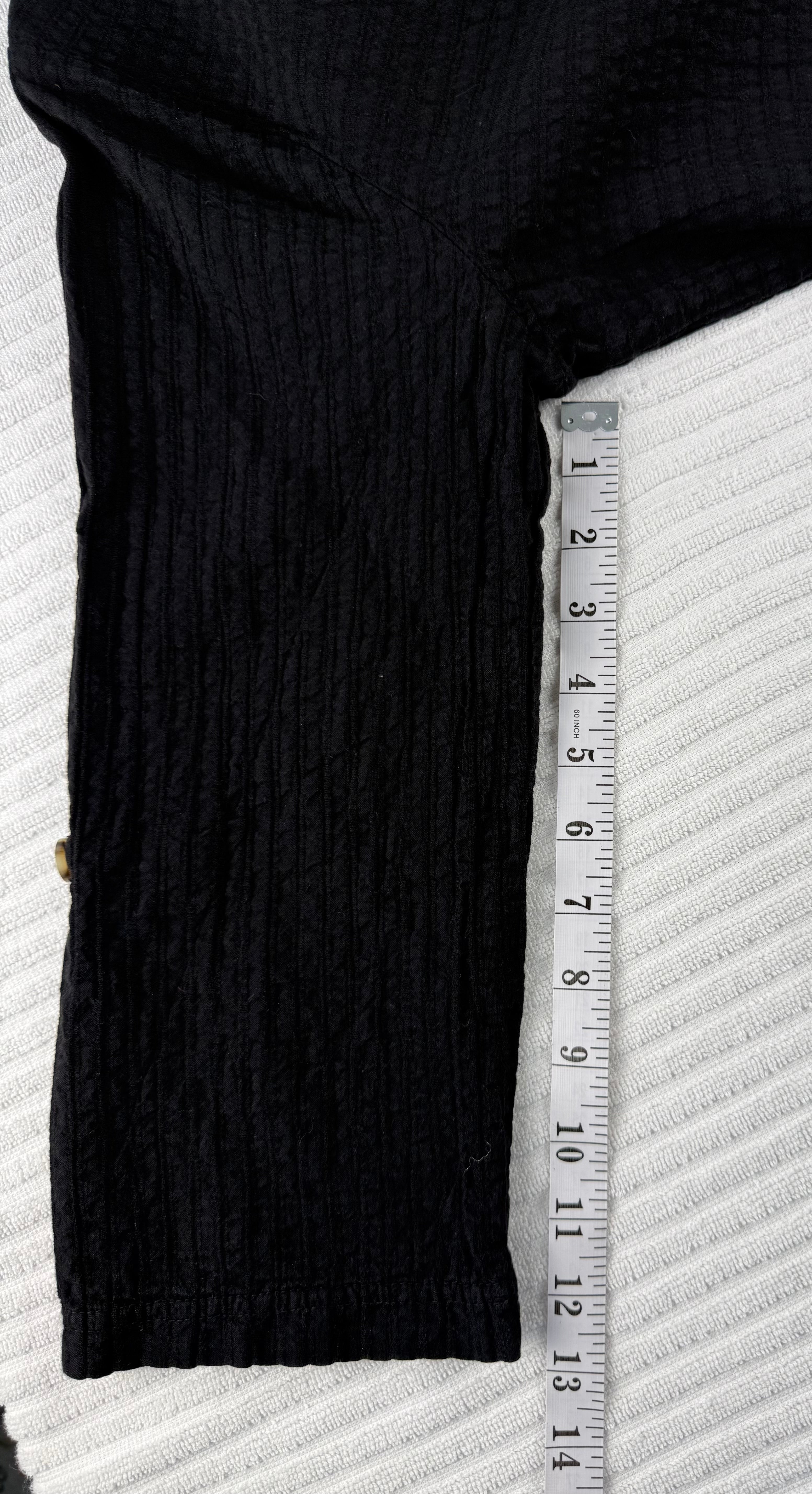 100% Cotton Tilley — Made in Canada Black Gauze V-Neck Tunic, Size S/P at Blue Sparrow Shop  measuring 13" sleeve 