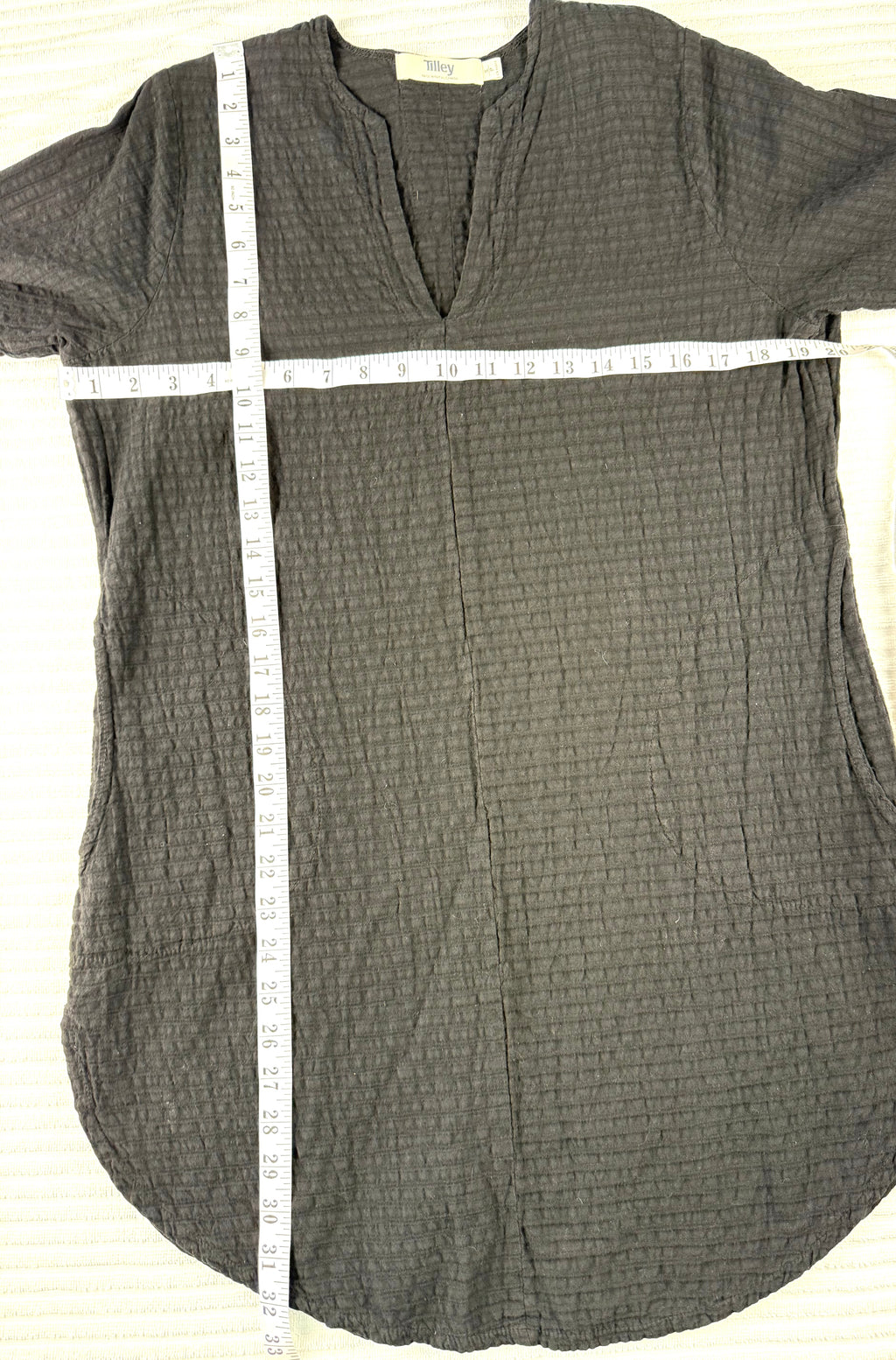 100% Cotton Tilley — Made in Canada Black Gauze V-Neck Tunic, Size S/P at Blue Sparrow Shop  measuring 32" shoulder to hem and 40" bust 