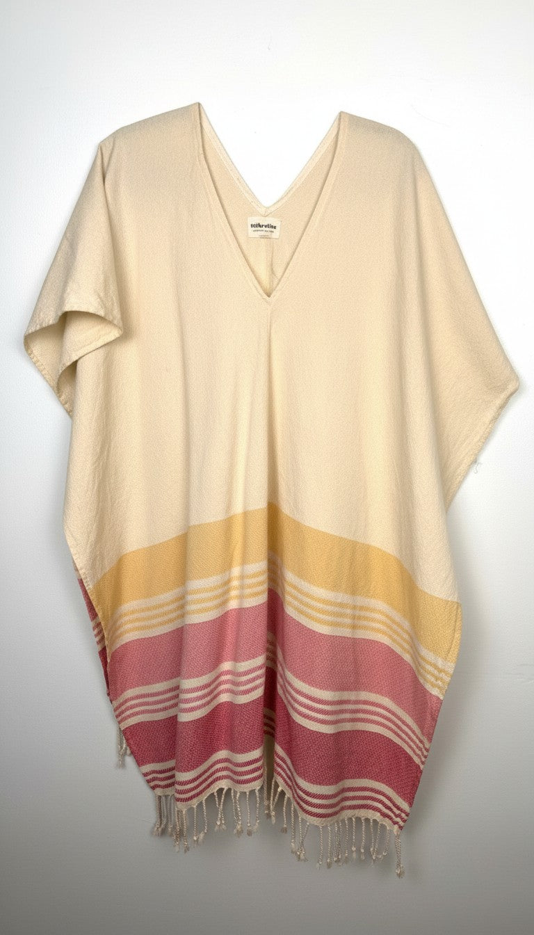 100% Cotton Tribe Alive — Handmade Cream Stripe Fringe Kaftan, One Size at Blue Sparrow Shop Canadian Resale Reimagined 