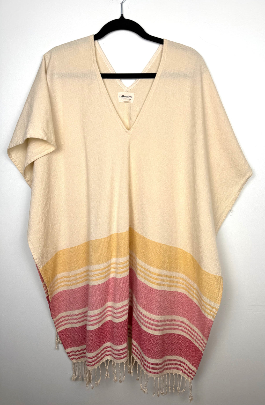 100% Cotton Tribe Alive — Handmade Cream Stripe Fringe Kaftan, One Size at Blue Sparrow Shop Canadian Resale Reimagined  on hanger