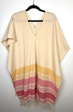 100% Cotton Tribe Alive — Handmade Cream Stripe Fringe Kaftan, One Size at Blue Sparrow Shop Canadian Resale Reimagined  on hanger