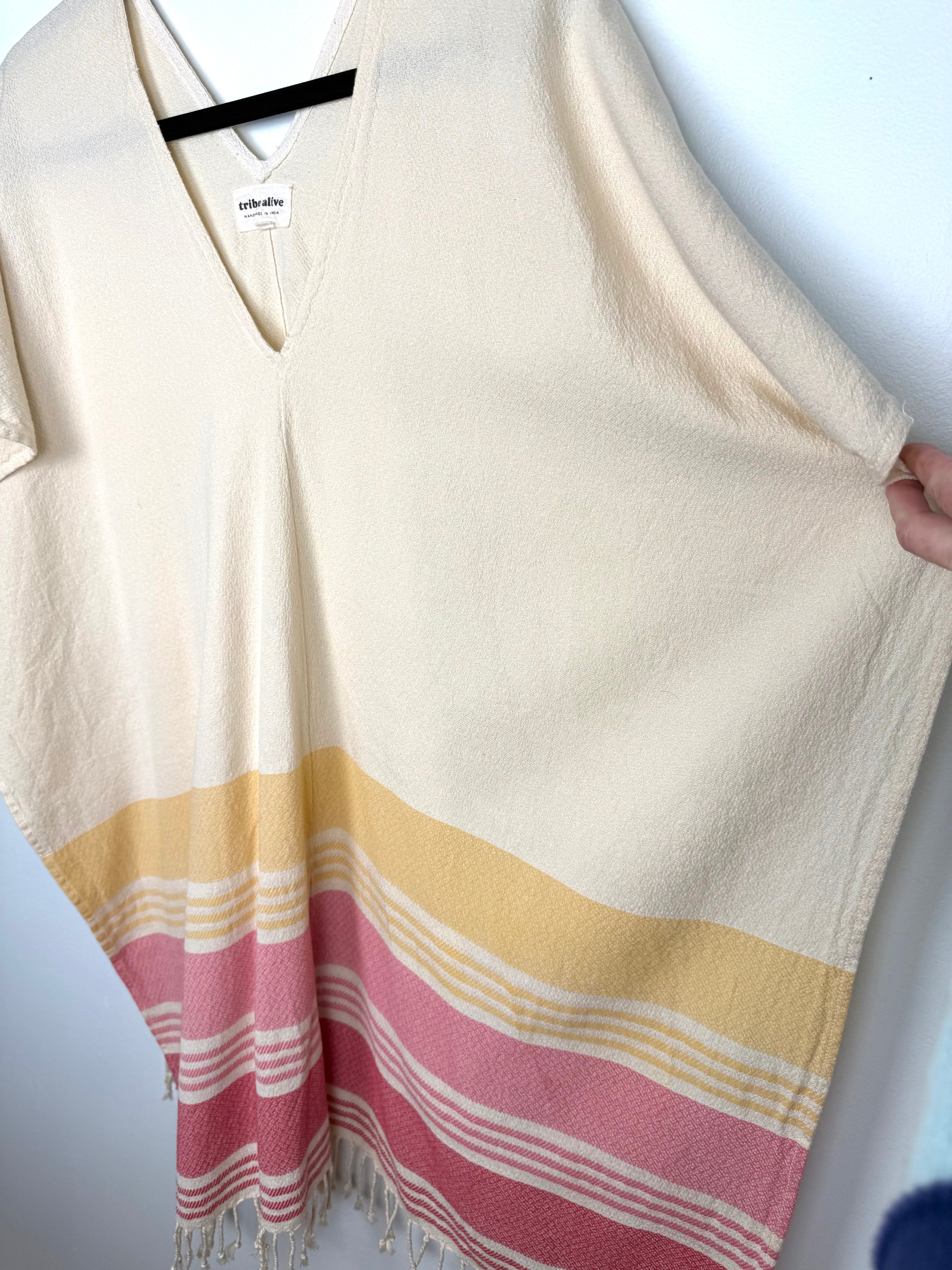 100% Cotton Tribe Alive — Handmade Cream Stripe Fringe Kaftan, One Size at Blue Sparrow Shop Canadian Resale Reimagined  shows flow of fit 