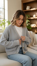 100% Cotton Vintage Havana Cropped Cardigan | Size S at Blue Sparrow Shop on woman sitting on couch 