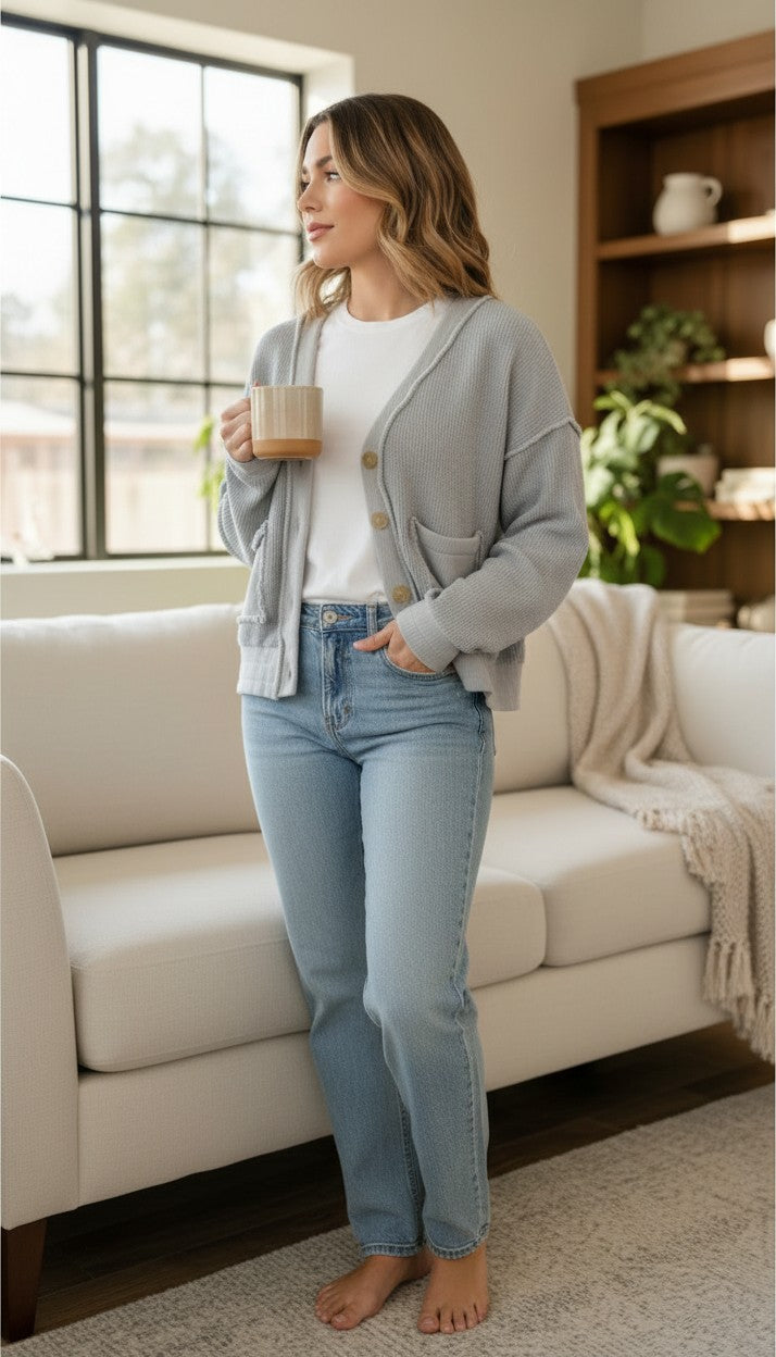 100% Cotton Vintage Havana Cropped Cardigan | Size S at Blue Sparrow Shop on woman standing beside couch