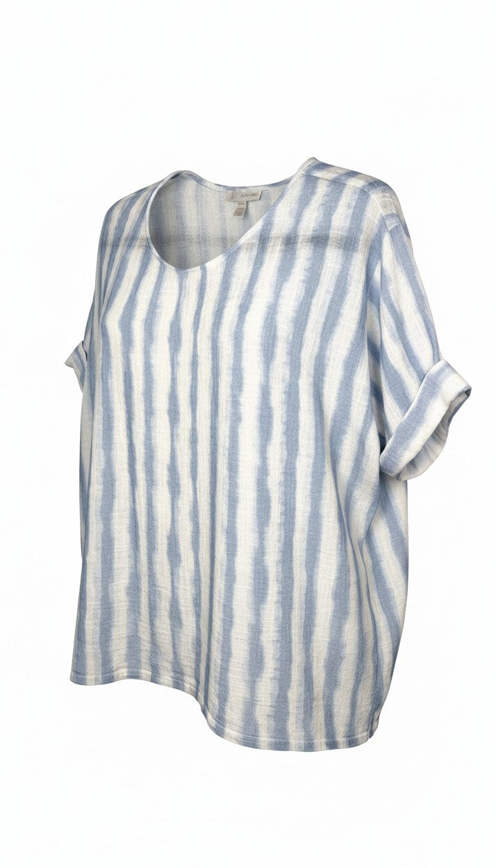 100% Cotton Watercolour Stripe Boxy Scoop Neck Top — Soft Blue & White | GG Jeans | Size XL at Blue Sparrow Shop