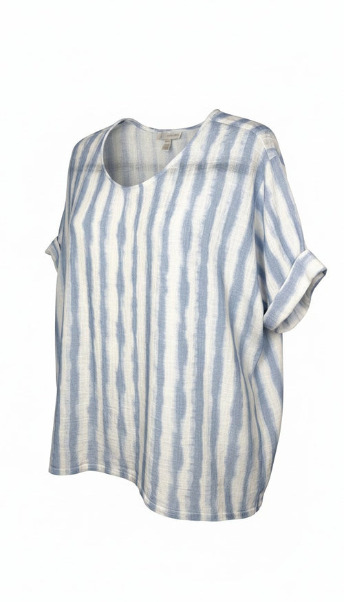 100% Cotton Watercolour Stripe Boxy Scoop Neck Top — Soft Blue & White | GG Jeans | Size XL at Blue Sparrow Shop