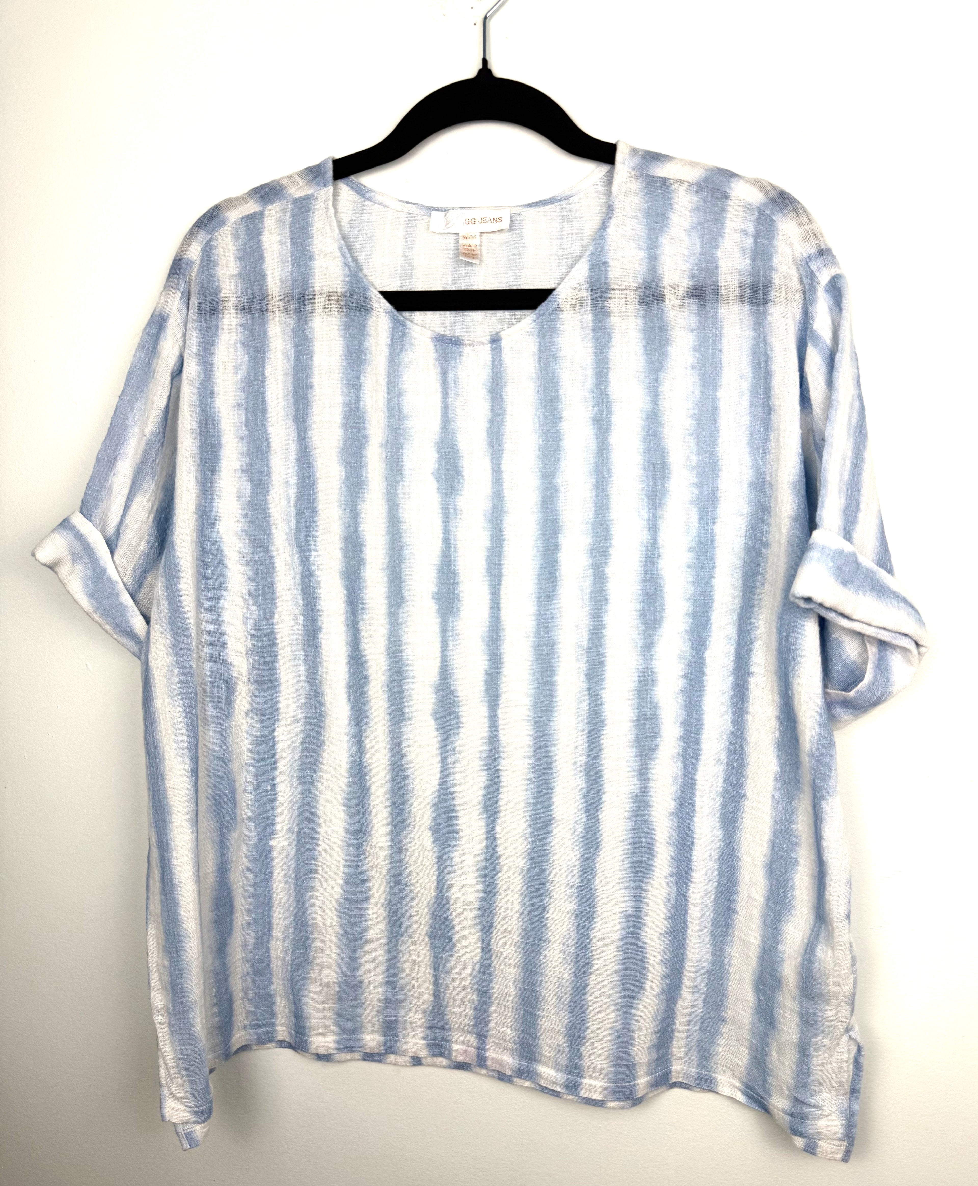 100% Cotton Watercolour Stripe Boxy Scoop Neck Top — Soft Blue & White | GG Jeans | Size XL at Blue Sparrow Shop on hanger