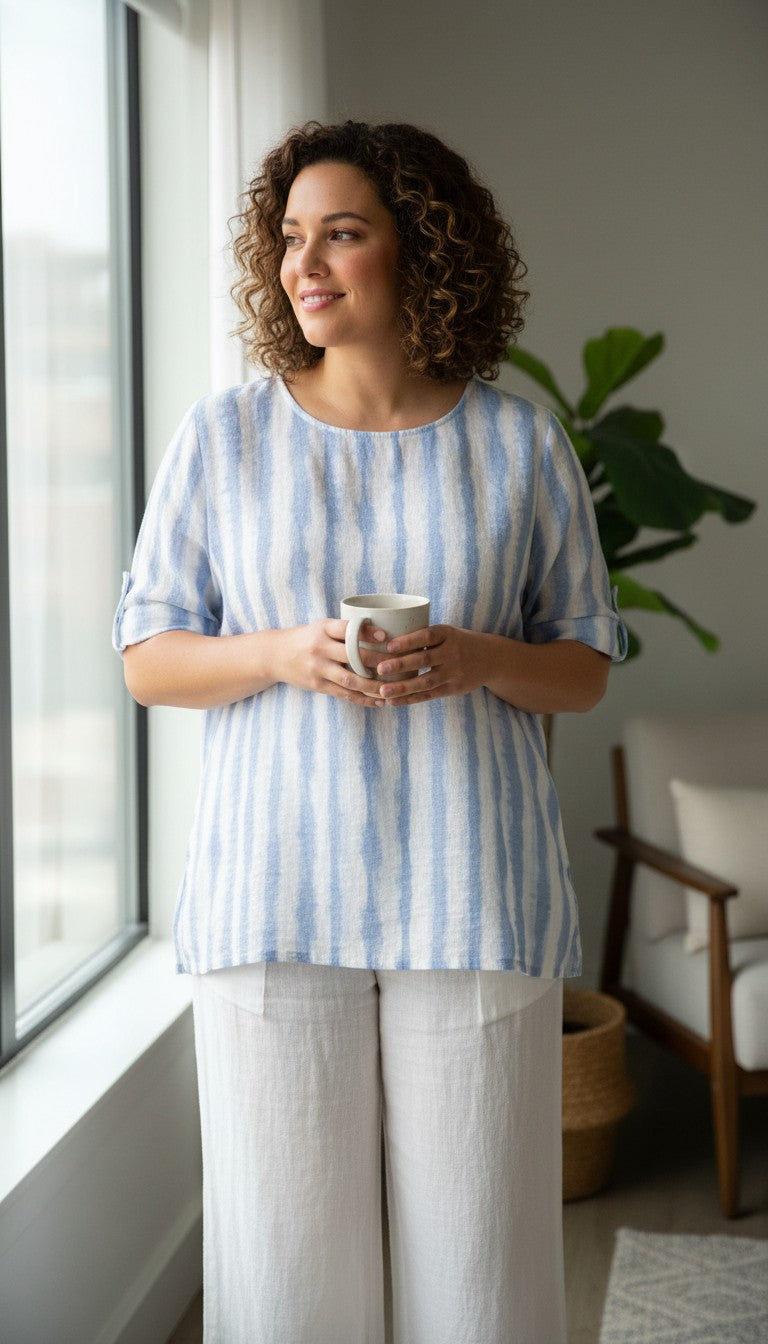 100% Cotton Watercolour Stripe Boxy Scoop Neck Top — Soft Blue & White | GG Jeans | Size XL at Blue Sparrow Shop on woman drinking coffee looking out window