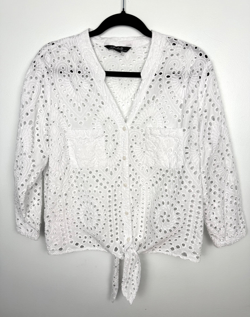 100% Cotton White Eyelet  Blouse | Size XL at Blue Sparrow Shop  on hanger