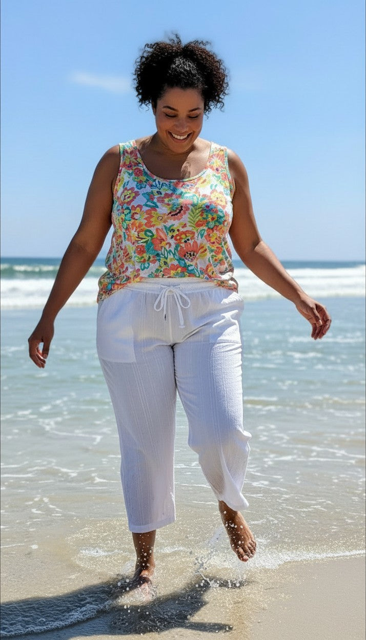 100% Cotton  Wide-Leg Beach Pants | Size XL  at Blue Sparrow Shop Resale on woman at beach