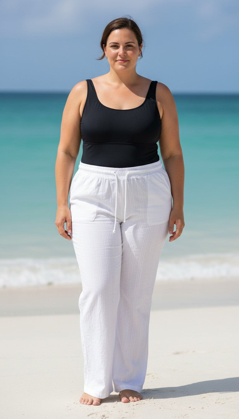 100% Cotton  Wide-Leg Beach Pants | Size XL  at Blue Sparrow Shop Resale on woman over her swimsuit at beach
