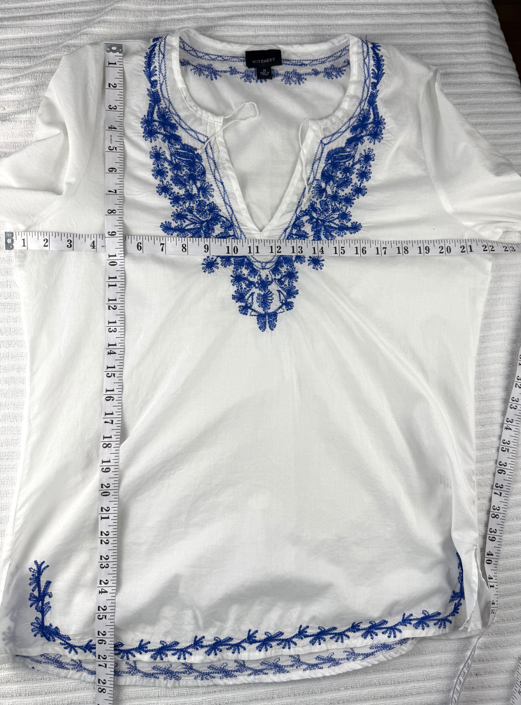 100% Cotton Witchery Embroidered Boho Blouse | Size 14  at Blue Sparrow Shop - Canadian Resale Reimagined measuring 44" bust and 27" shoulder to hem 