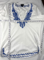 100% Cotton Witchery Embroidered Boho Blouse | Size 14  at Blue Sparrow Shop - Canadian Resale Reimagined measuring 44" bust and 27" shoulder to hem 
