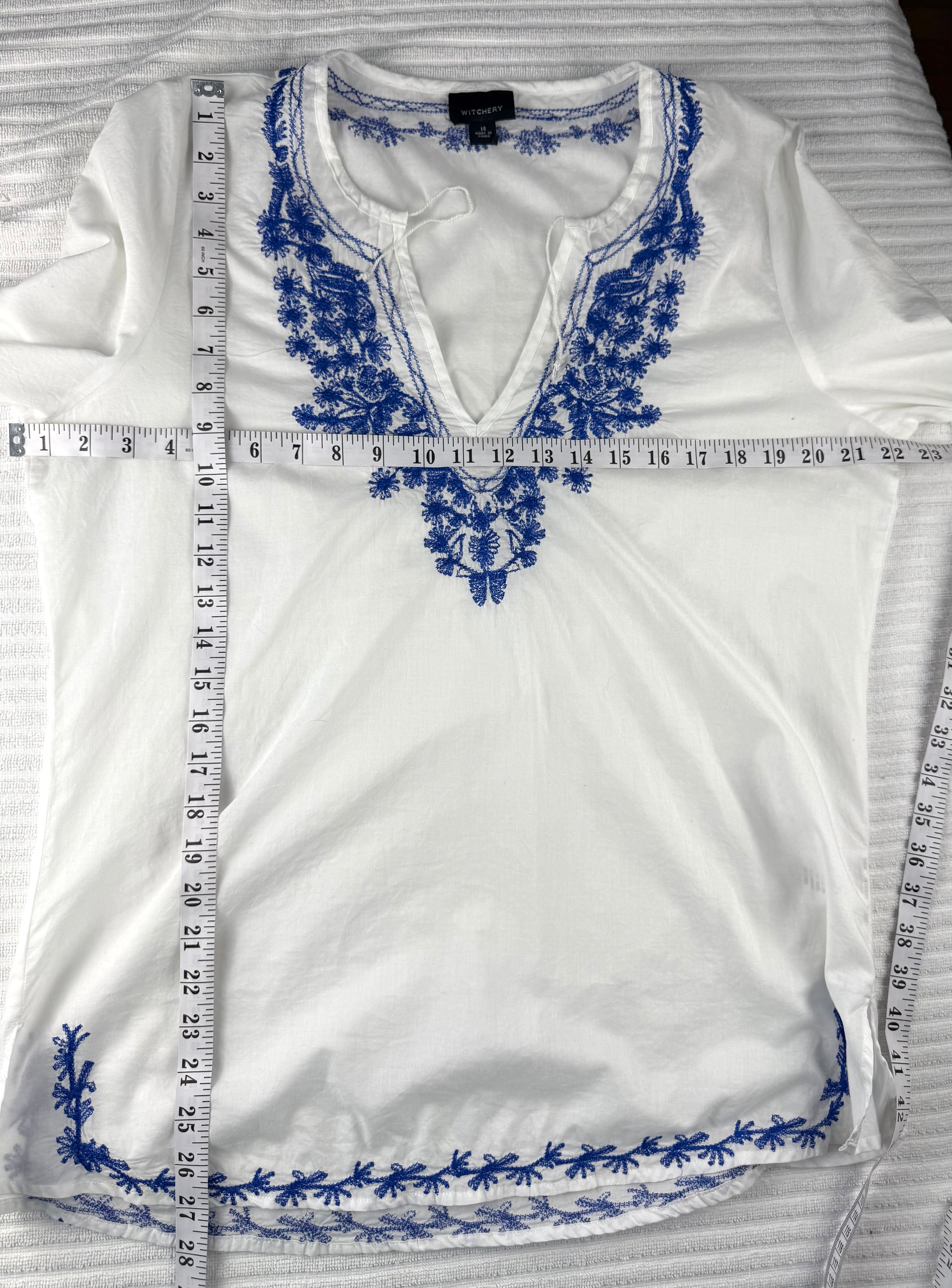100% Cotton Witchery Embroidered Boho Blouse | Size 14  at Blue Sparrow Shop - Canadian Resale Reimagined measuring 44" bust and 27" shoulder to hem 