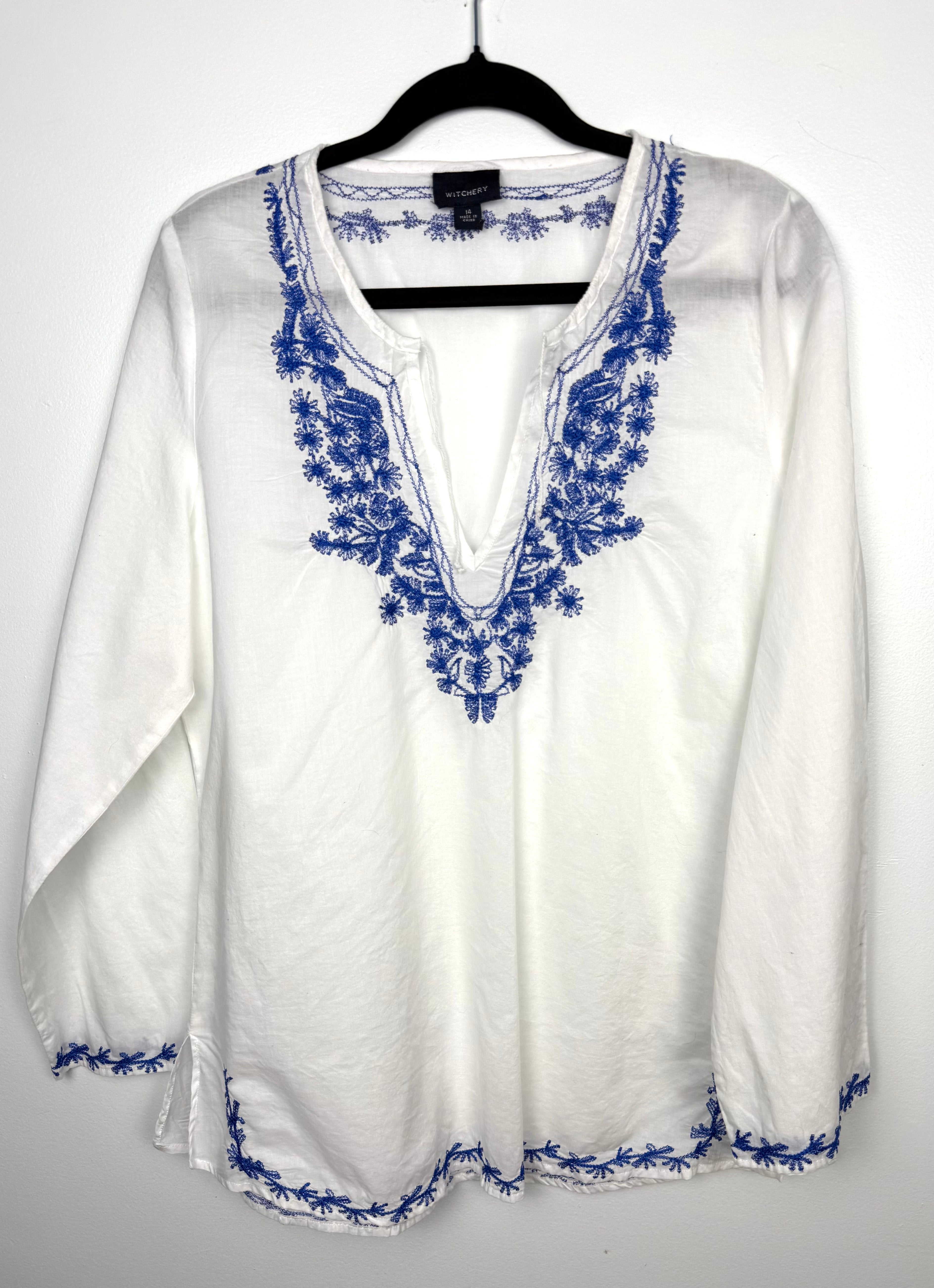 100% Cotton Witchery Embroidered Boho Blouse | Size 14  at Blue Sparrow Shop - Canadian Resale Reimagined on hanger