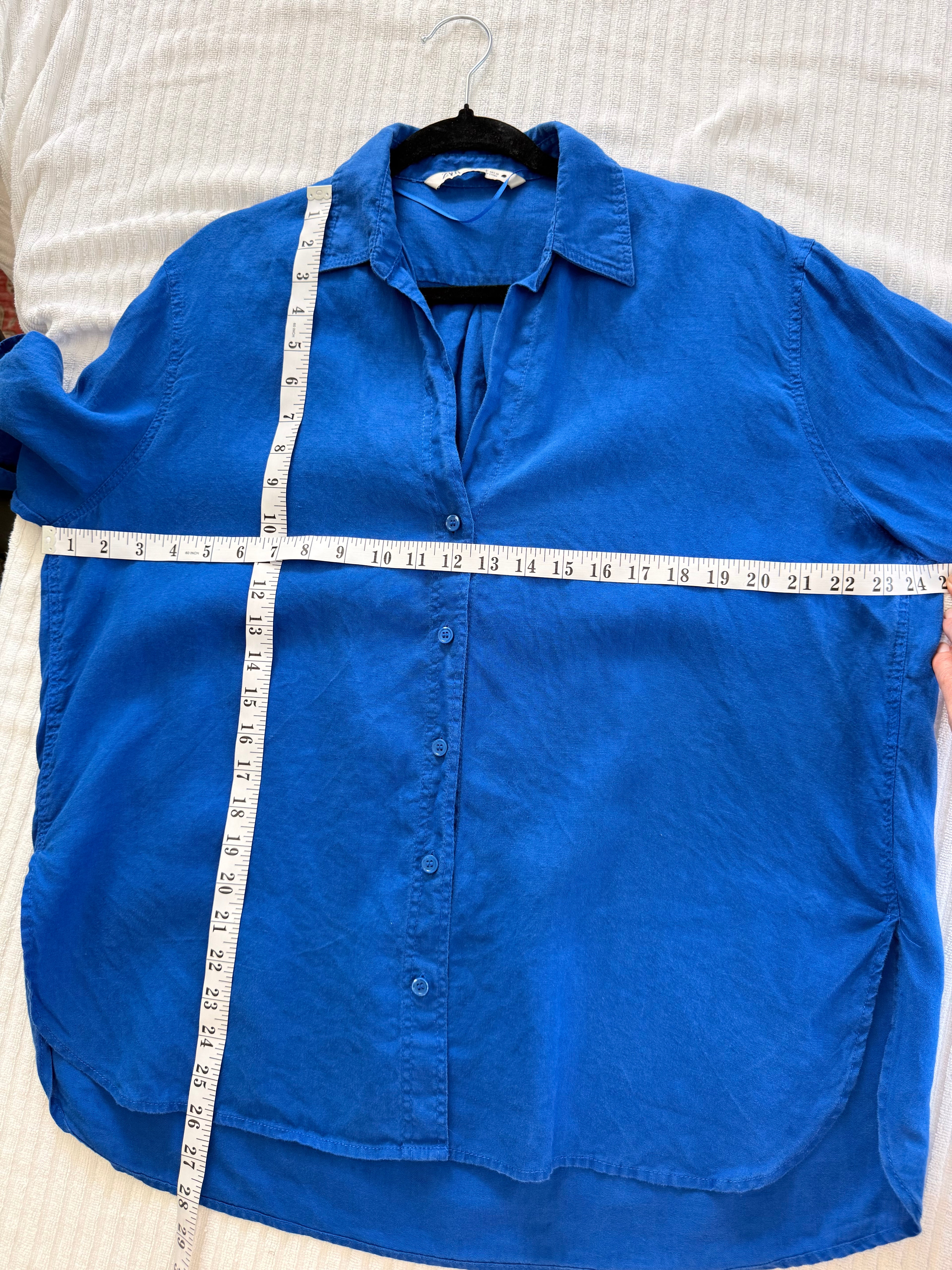 100% Linen Cobalt Blue Button Front Shirt by Zara | Size S measuring 42" bust and 26-28" length