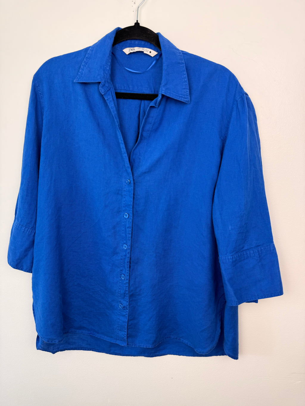 100% Linen Cobalt Blue Button Front Shirt by Zara | Size S on hanger