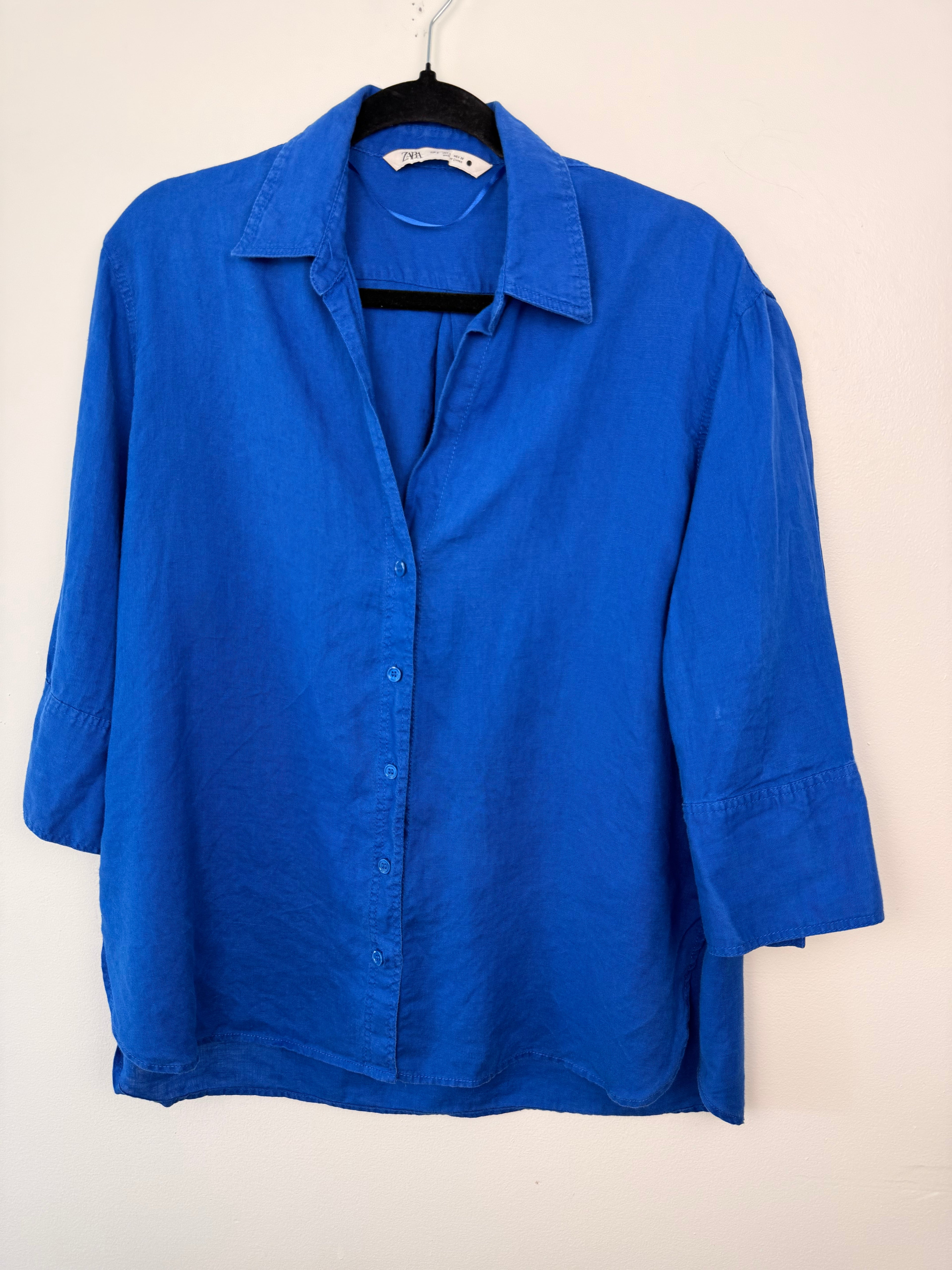 100% Linen Cobalt Blue Button Front Shirt by Zara | Size S on hanger