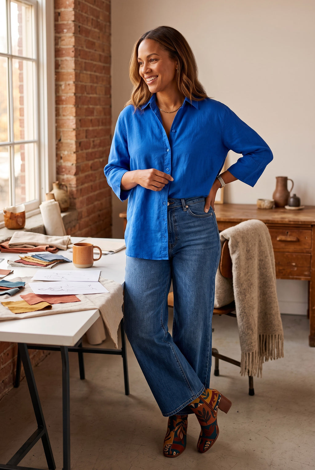 100% Linen Cobalt Blue Button Front Shirt by Zara | Size S on woman with it french tucked at desk 