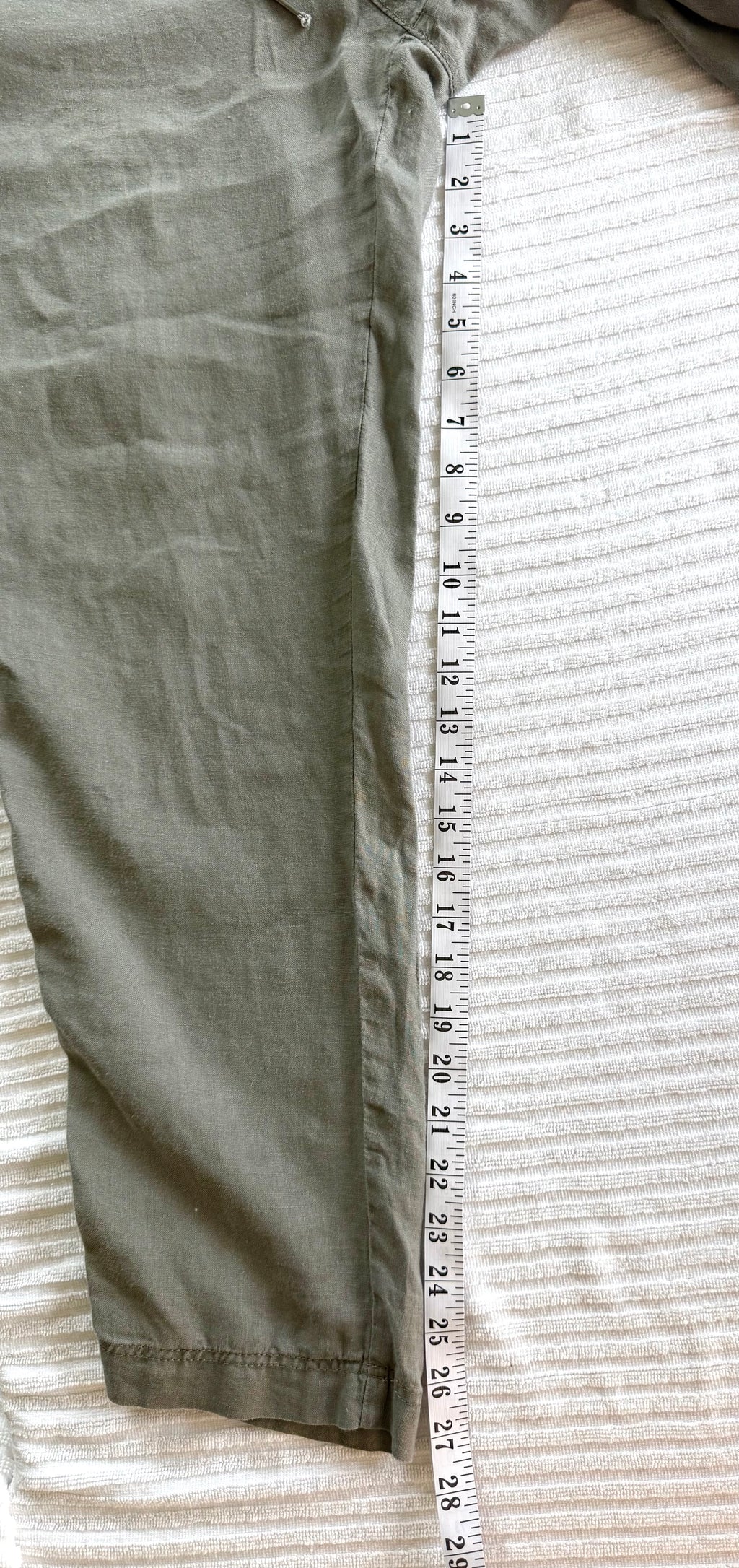 100% Linen  Drawstring Pants – Taupe Relaxed Fit Pull-On Trousers – H&M Small at Blue Sparrow Shop measuring 27" inseam 