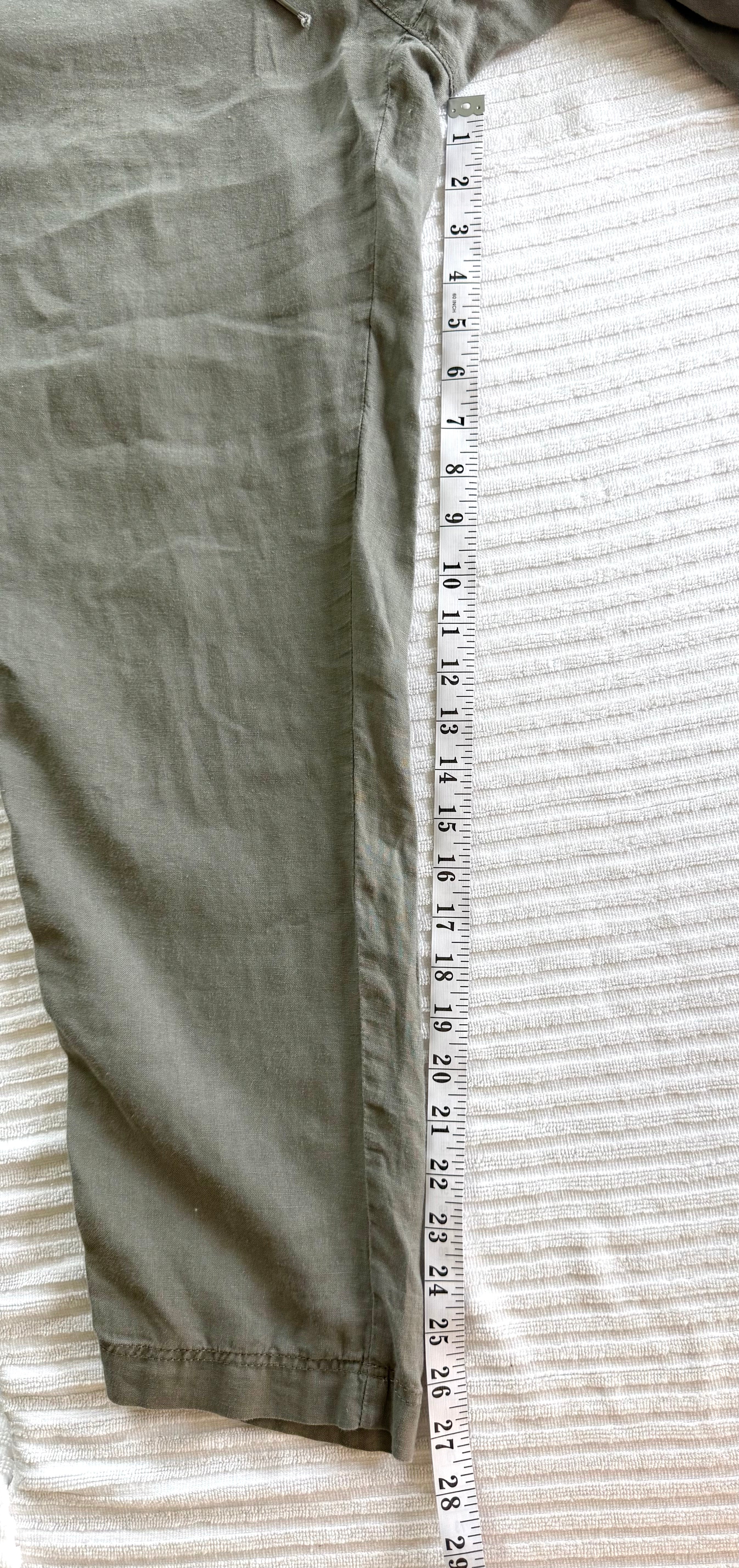 100% Linen  Drawstring Pants – Taupe Relaxed Fit Pull-On Trousers – H&M Small at Blue Sparrow Shop measuring 27" inseam 