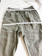 100% Linen  Drawstring Pants – Taupe Relaxed Fit Pull-On Trousers – H&M Small at Blue Sparrow Shop measuring 32" waist and 40" hips
