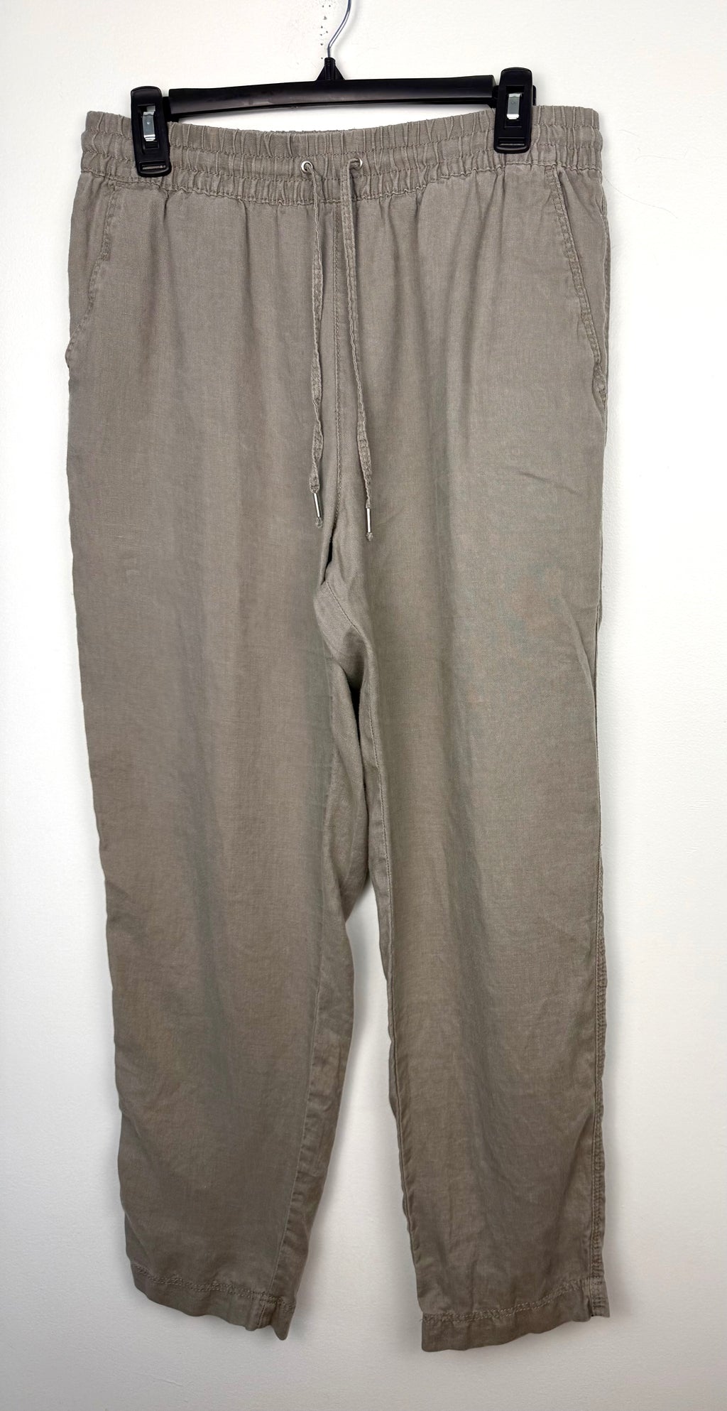 100% Linen  Drawstring Pants – Taupe Relaxed Fit Pull-On Trousers – H&M Small at Blue Sparrow Shop on hanger
