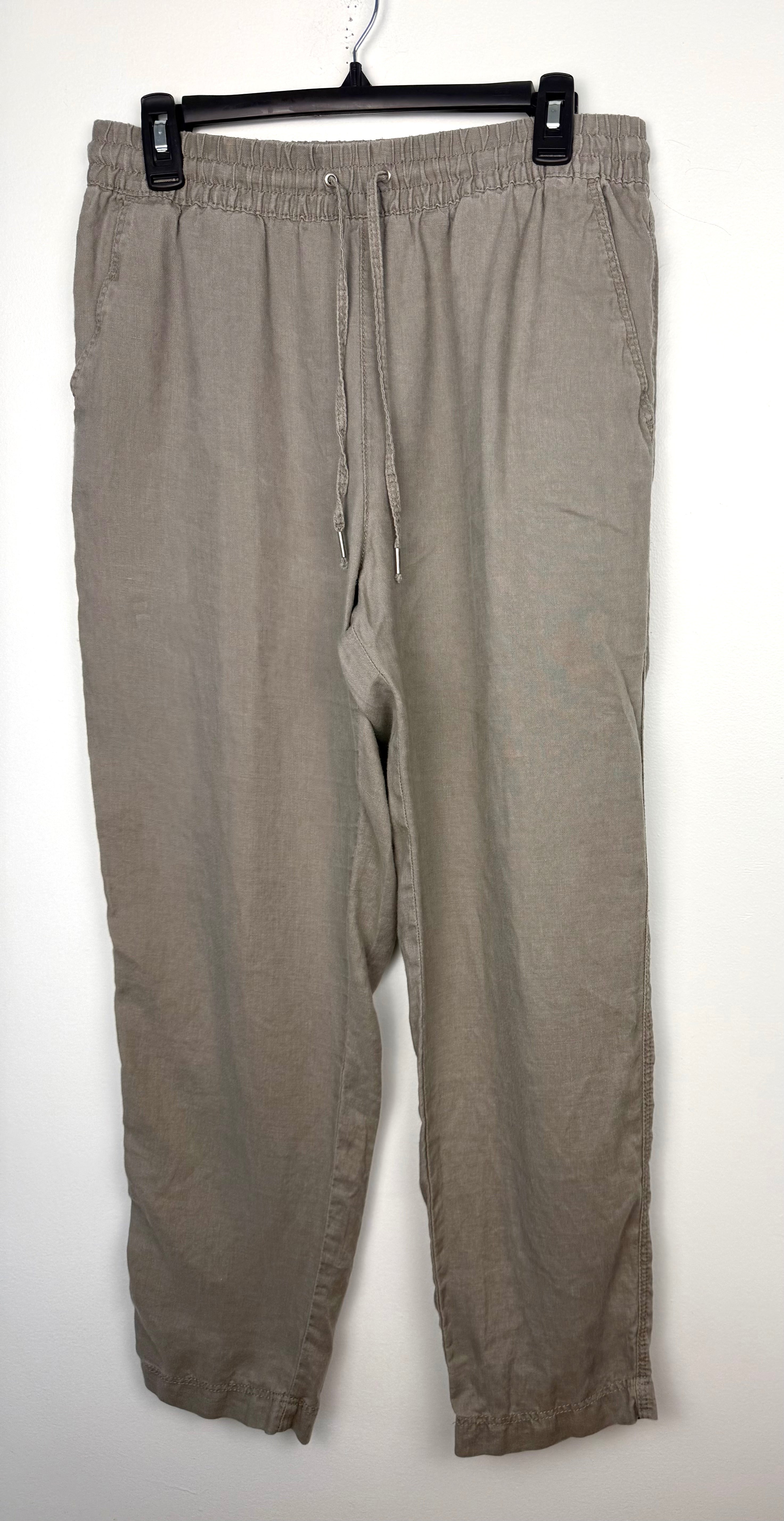 100% Linen  Drawstring Pants – Taupe Relaxed Fit Pull-On Trousers – H&M Small at Blue Sparrow Shop on hanger