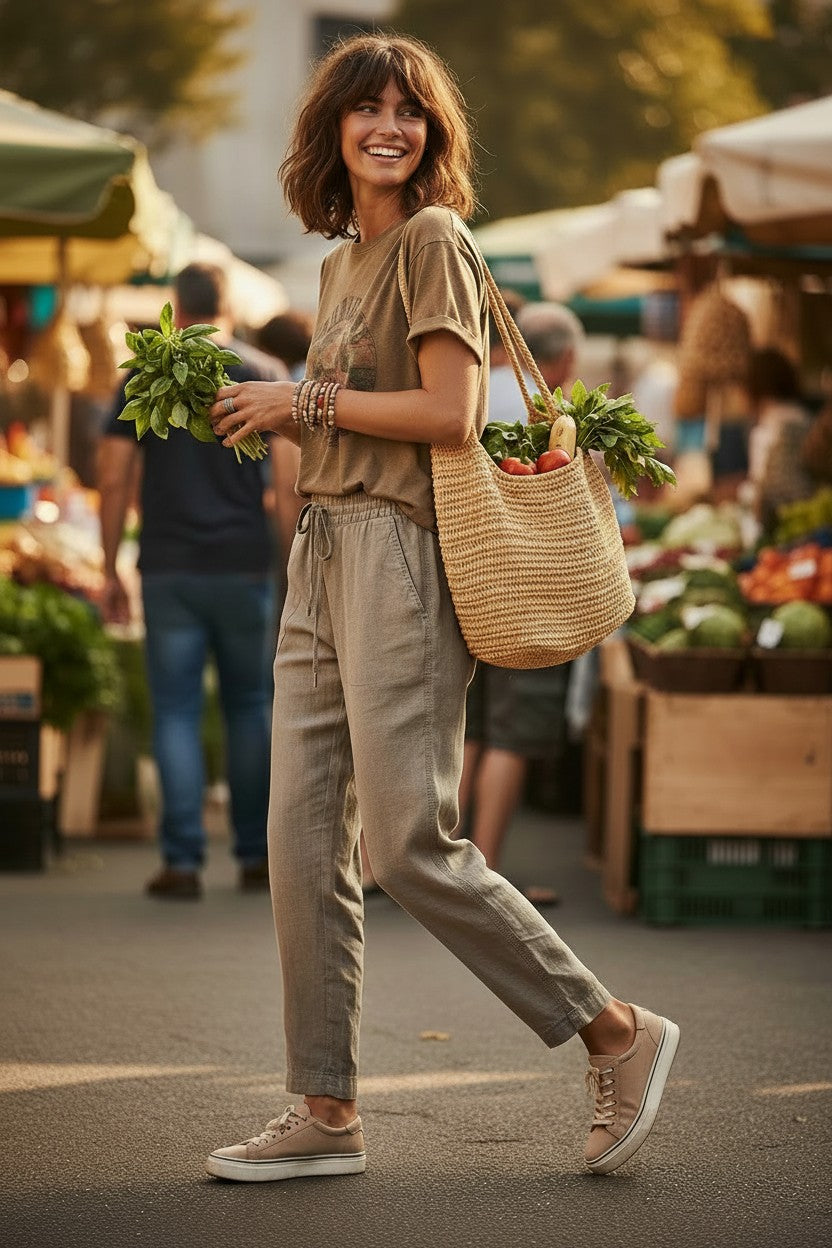 100% Linen  Drawstring Pants – Taupe Relaxed Fit Pull-On Trousers – H&M Small at Blue Sparrow Shop on woman running errands
