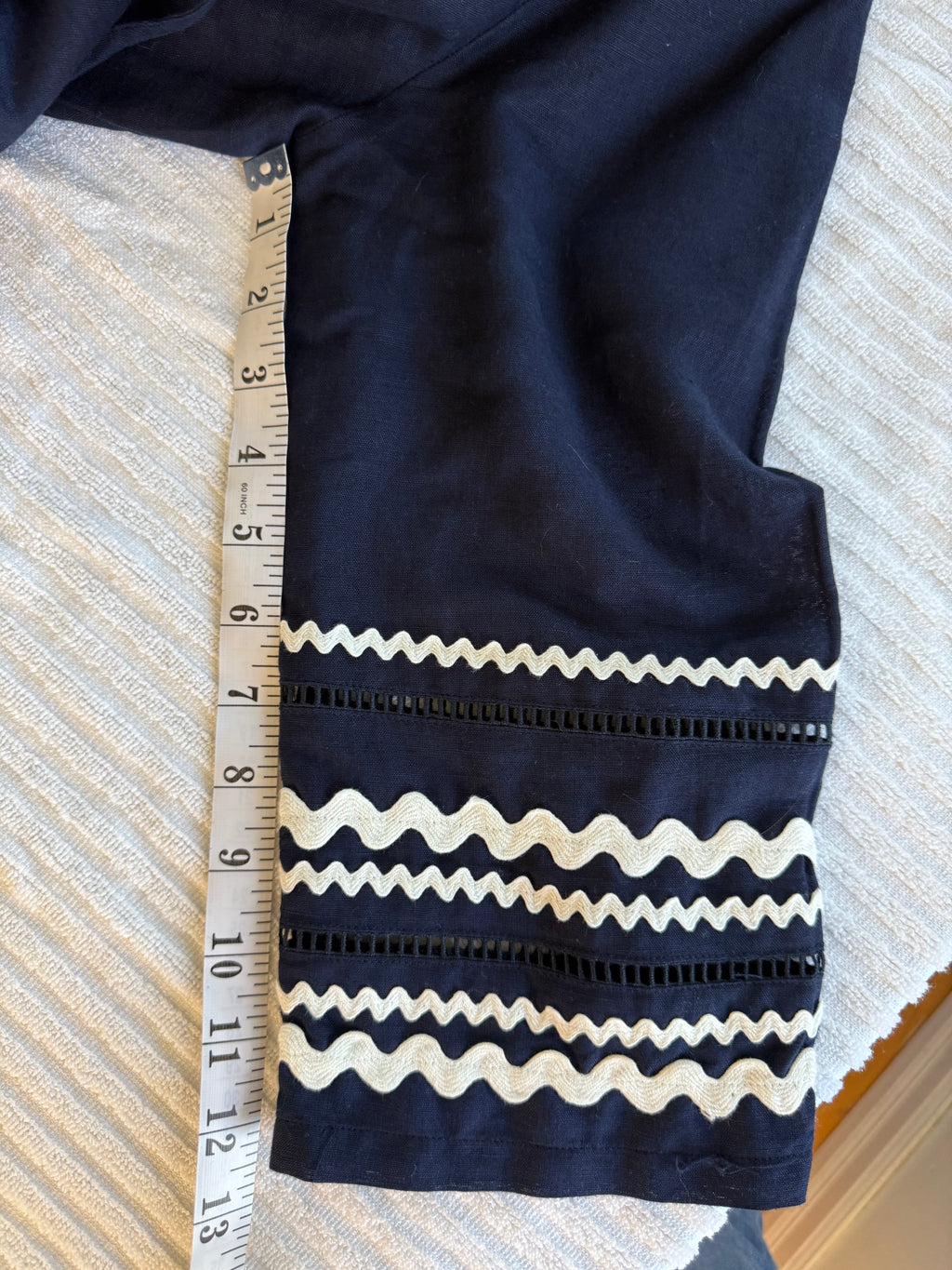100% Linen J.Crew Embroidered Tunic Dress | Size S at Blue Sparrow Shop measuring 13" sleeve