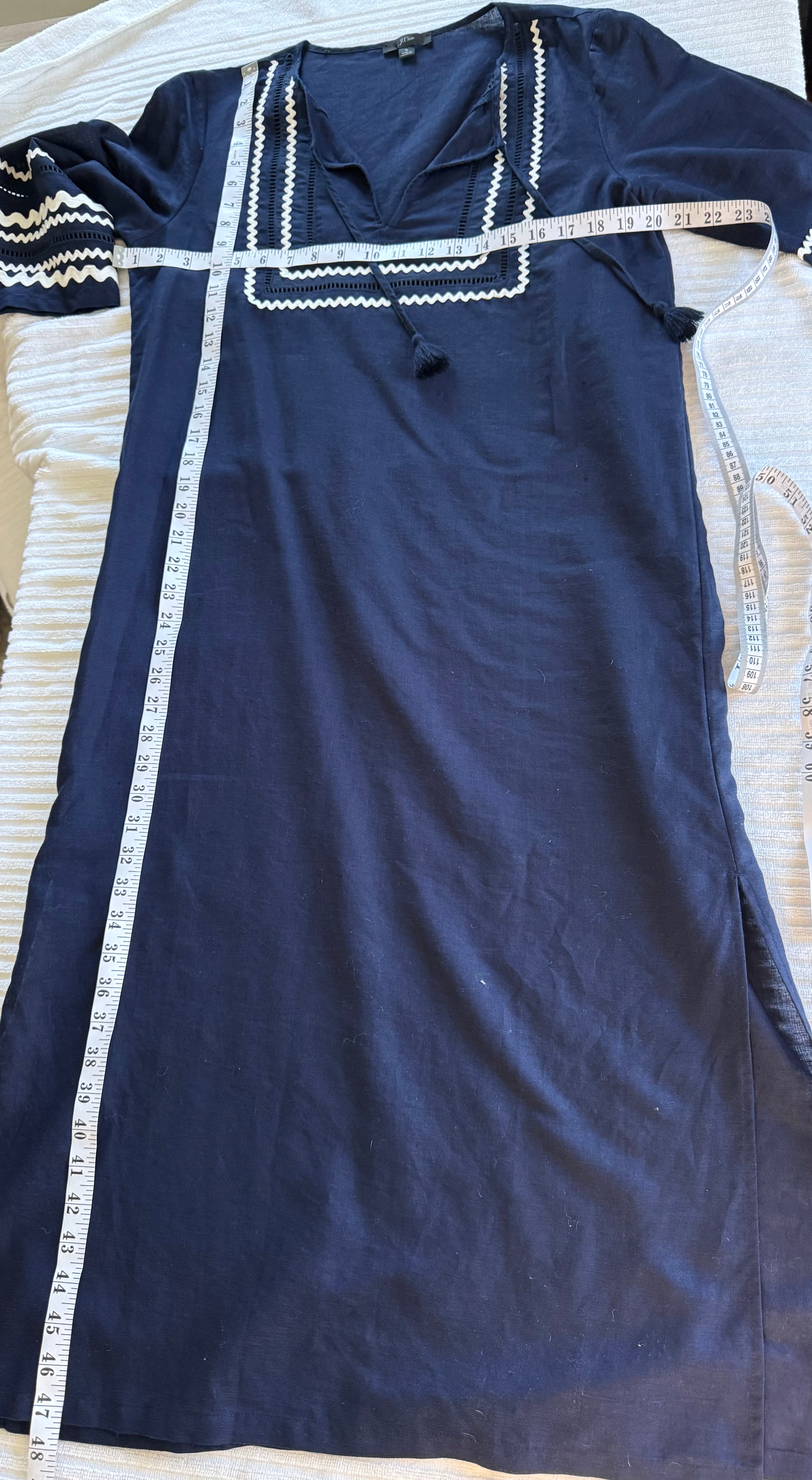 100% Linen J.Crew Embroidered Tunic Dress | Size S at Blue Sparrow Shop measuring 40" bust and 48" shoulder to hem
