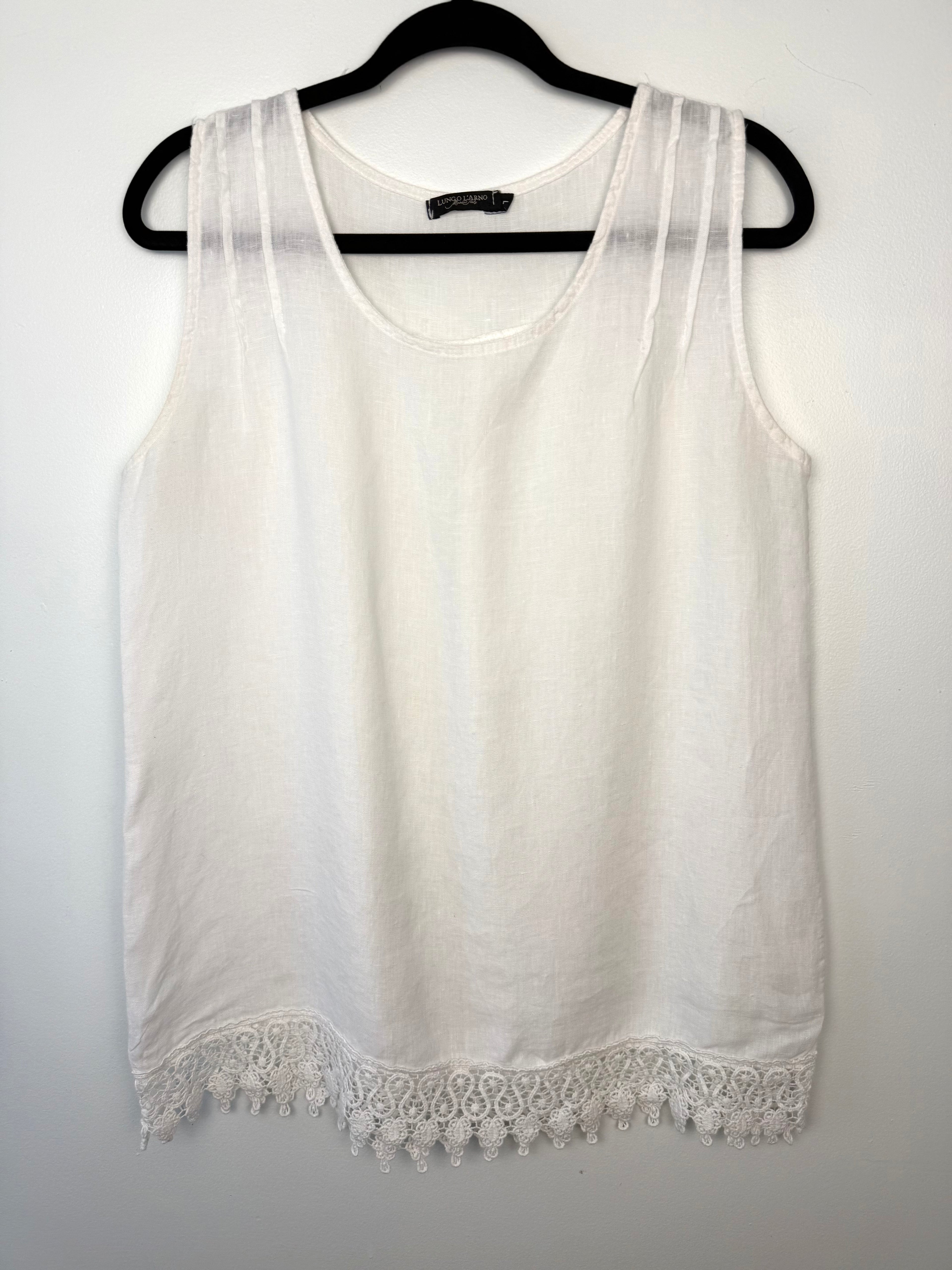 100% Linen Made in Italy Lungo L'Arno Sleeveless Top | Size L at Blue Sparrow Shop on hanger