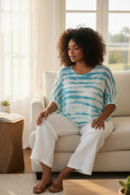 100% Linen Phase Eight Tie Dye Top | Coastal Grandmother | European Summer Style at Blue Sparrow Shop on woman sitting on couch wearing white linen pants