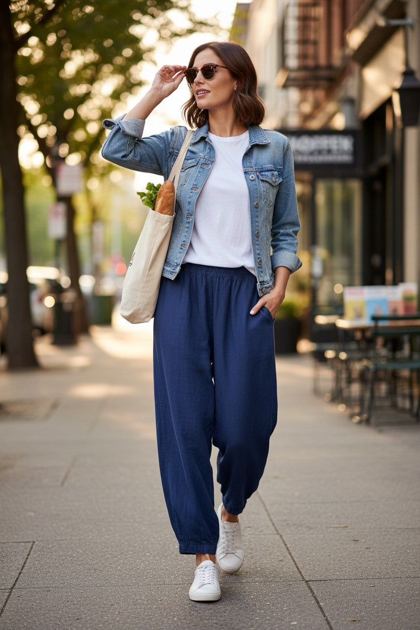 100% Linen Pull-On Pants | Relaxed | Size S at Blue Sparrow Shop on woman walking outside wearing a jean jacket 