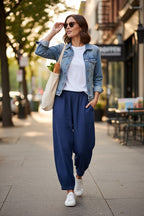 100% Linen Pull-On Pants | Relaxed | Size S at Blue Sparrow Shop on woman walking outside wearing a jean jacket 