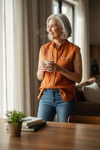 100% Linen Sleeveless Top | Vest | Size S at Blue Sparrow Shop on woman drinking coffee looking out the window 
