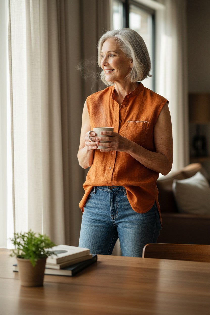 100% Linen Sleeveless Top | Vest | Size S at Blue Sparrow Shop on woman drinking coffee looking out the window 
