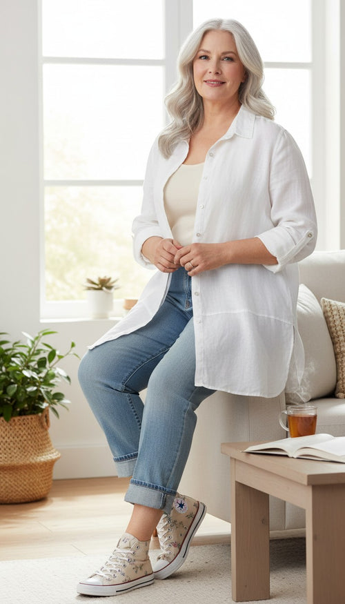 100% Linen Tahari Button-Down Tunic | XL  at Blue Sparrow Resale Shop Canada on woman wearing jeans and chucks sitting on edge of couch
