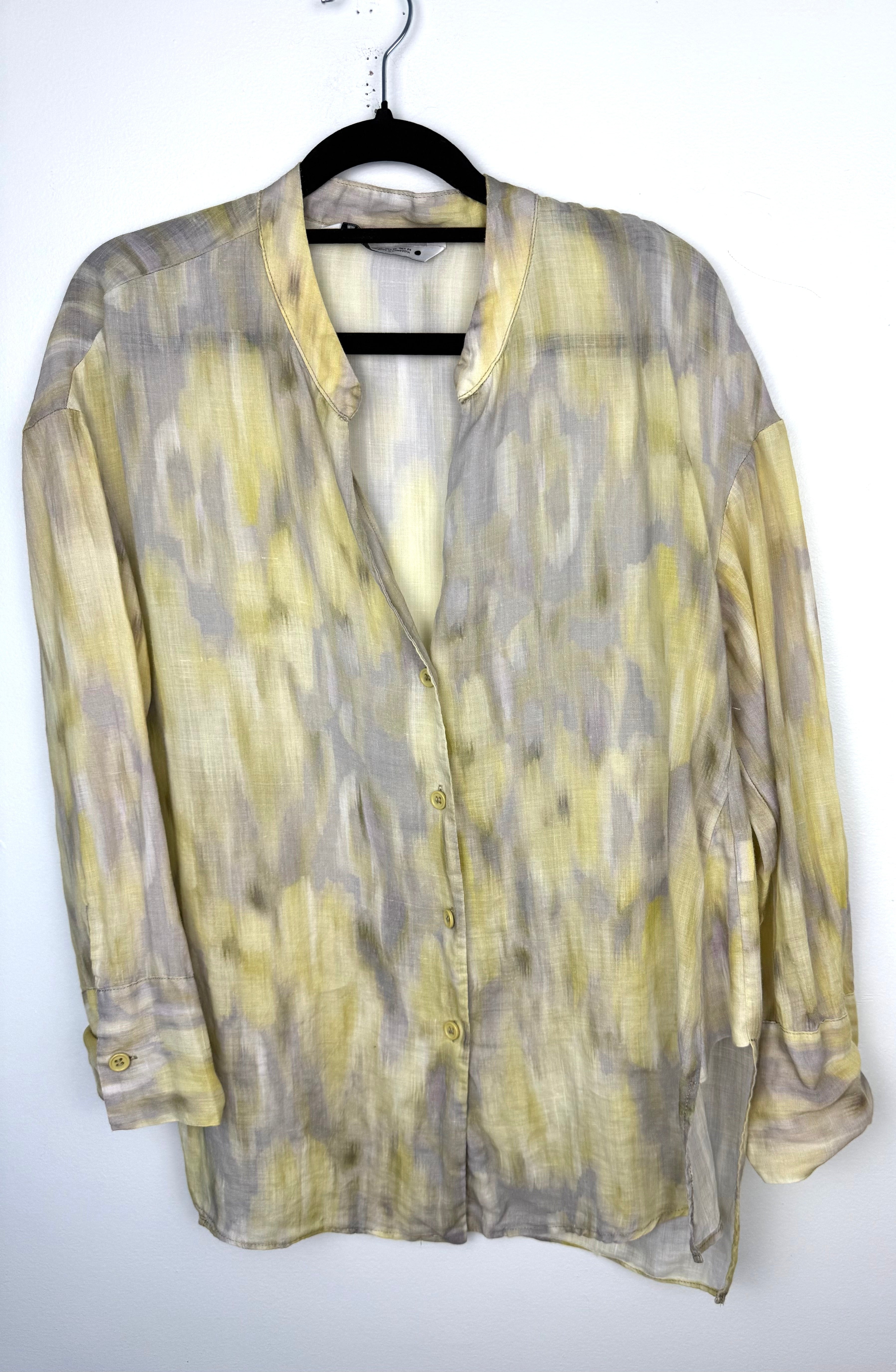 100% Linen Zara Abstract Print Shirt | XS at Blue Sparrow Shop on hanger