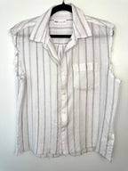 front of 100% Linen Zara Sleeveless Button Front Top | Size M at Blue Sparrow Shop  on hanger