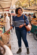 100% Organic Cotton Eileen Fisher Sweater | Size L on woman at outdoor food market
