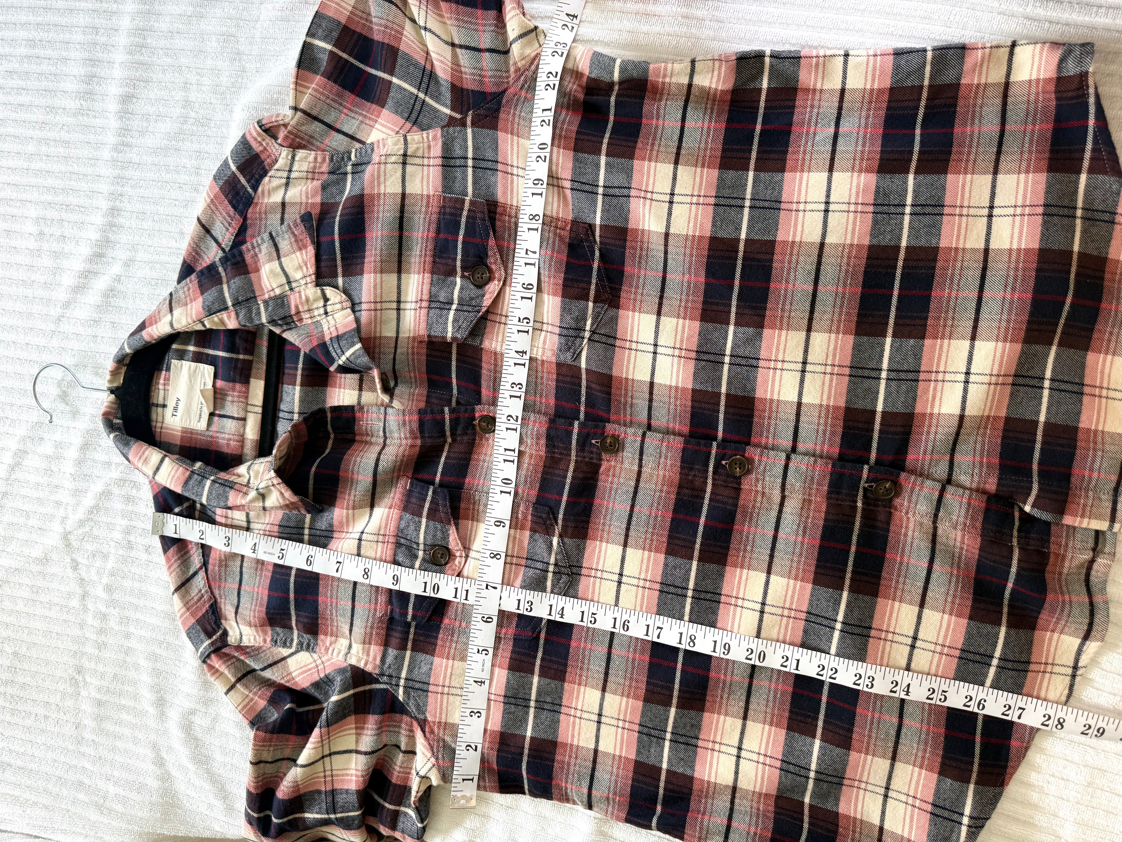 100% Organic Cotton Tilley Plaid Shirt | Size XL measuring 46" bust and 28" length