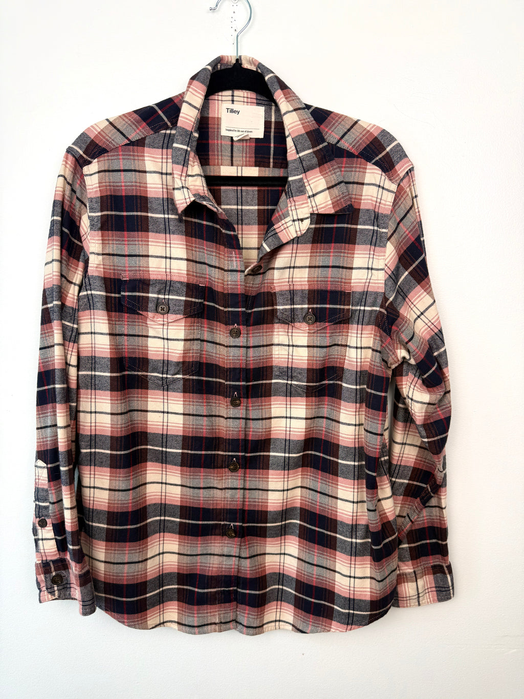 front of 100% Organic Cotton Tilley Plaid Shirt | Size XL on hanger