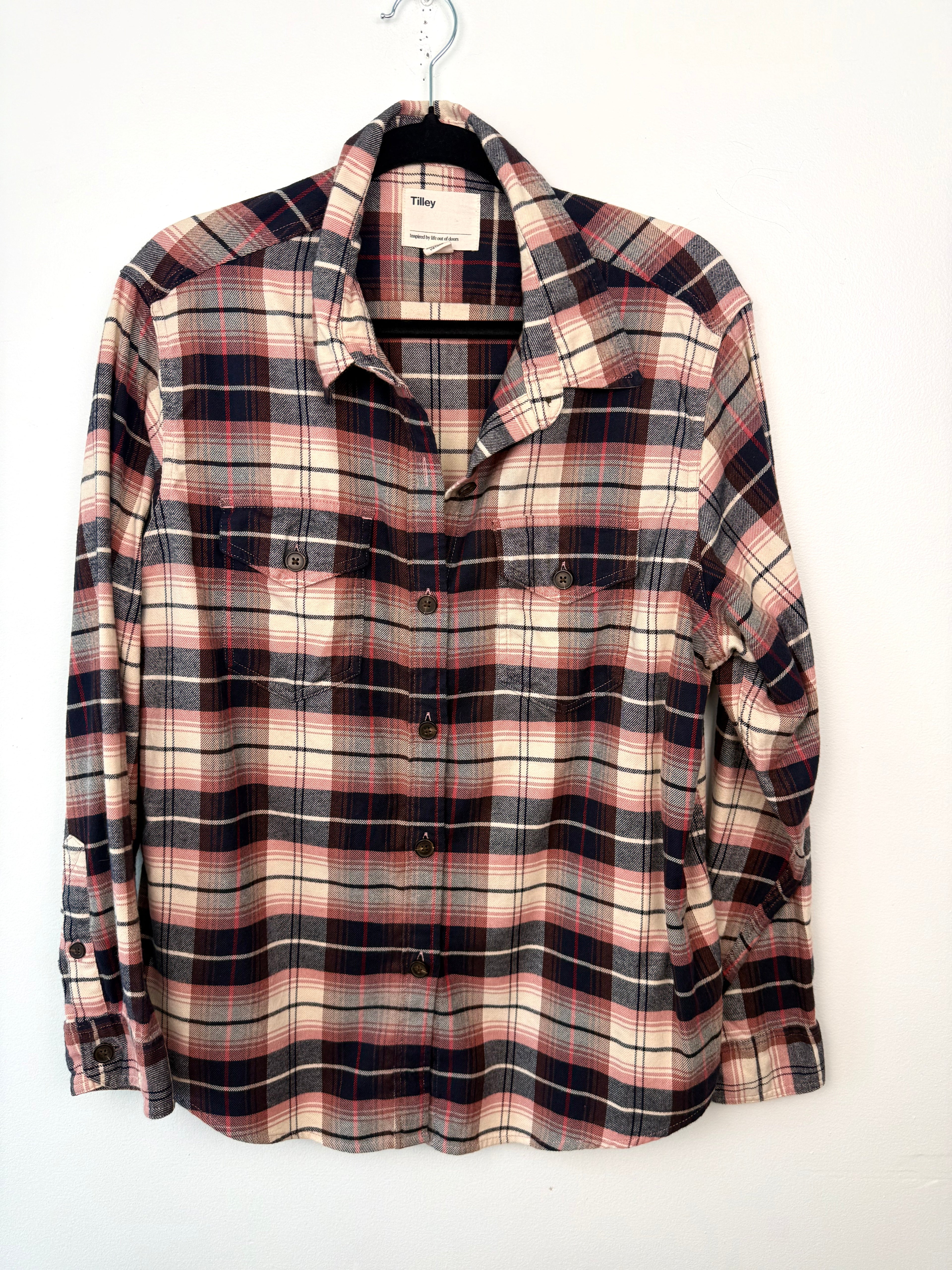front of 100% Organic Cotton Tilley Plaid Shirt | Size XL on hanger